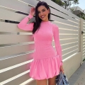 Women's Sexy Ribbed Knit Long Sleeve Mini Dress 100% Polyester Ruffle Bubble Hem Backless Bodycon Dress for Club Party