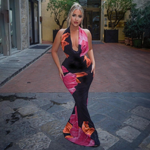 Women's Sexy Halter Neck Backless Maxi Dress Floral Print Slim Fit Long Dress For Summer Beach Vacation Party Bodycon Dress Polyester Spandex Blend