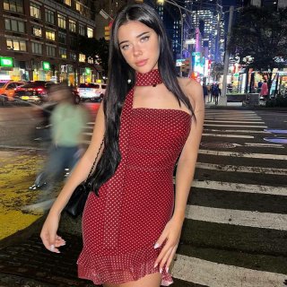 Women Sexy Polka Dot Mini Dress Polyester Spandex Bodycon Strapless Dress With Neckband Ruffle Hem For Party Club Holiday Lady Retro Style