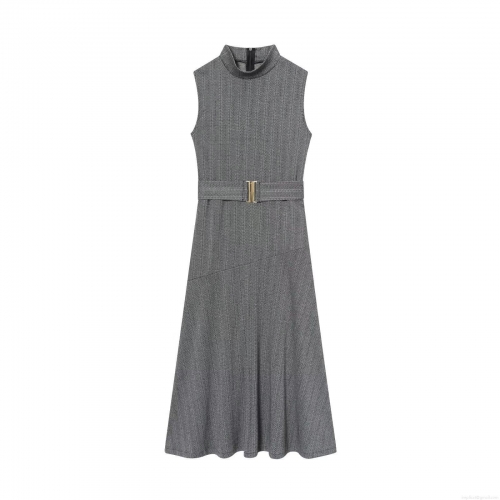 Elegant Grey Herringbone Sleeveless Midi Dress With Belt Mock Neck Slim Fit Polyester Office Streetwear Casual Gown For Women