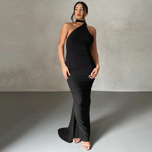 Women's Sexy Backless Halter Neck Maxi Dress Plus Size Polyester Spandex Bodycon Pleated Side Metal Ring Evening Party Long Dress