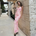 Sexy Pink Floral Print Backless Strappy Slim Fit V Neck Maxi Dress For Women Summer Beach Vacation Party Bodycon Long Dress Polyester Spandex