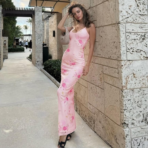 Sexy Pink Floral Print Backless Strappy Slim Fit V Neck Maxi Dress For Women Summer Beach Vacation Party Bodycon Long Dress Polyester Spandex