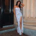 Women's Summer Sexy Backless Floral Maxi Dress With High Slit Ruched Spaghetti Strap Polyester Spandex Long Dress For Party Vacation