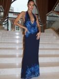 Sexy Floral Print Halter Backless Maxi Dress For Women Deep V Neck High Split Bodycon Evening Party Dress Summer Sleeveless Clubwear Long Dress