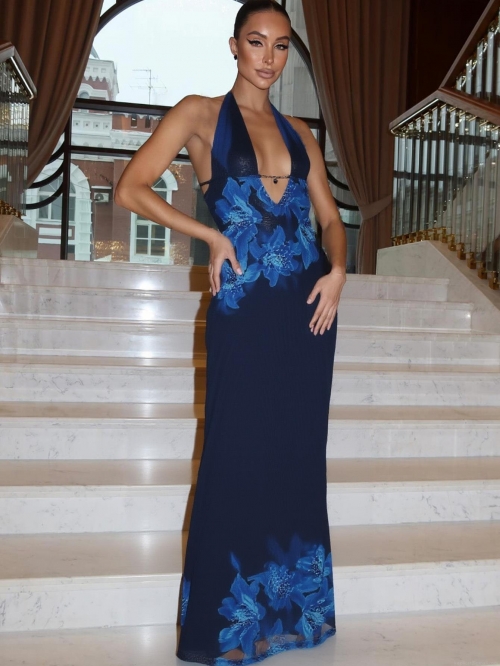 Sexy Floral Print Halter Backless Maxi Dress For Women Deep V Neck High Split Bodycon Evening Party Dress Summer Sleeveless Clubwear Long Dress