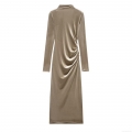 Women Sexy Velvet Maxi Dress Ruched Open Back Semi-High Neck Long Sleeve Bodycon Evening Party Cocktail Dress For Ladies Autumn Winter Fashion Taupe