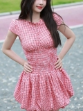 Women Gingham Short Sleeve Mini Dress Smocked Waist Tie Cutout Retro Gingham Pattern Summer Dress Polyester Rayon Blend Streetwear Party Outfit for Ladies