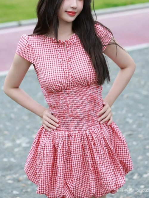 Women Gingham Short Sleeve Mini Dress Smocked Waist Tie Cutout Retro Gingham Pattern Summer Dress Polyester Rayon Blend Streetwear Party Outfit for Ladies