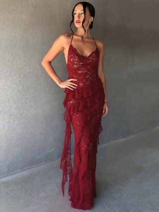 Women Sexy Halter Backless Lace Maxi Dress Elegant Ruffle Tiered V-Neck Sleeveless Evening Party Long Dress For Summer Celebrity Style