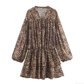 Women's Leopard Print Long Sleeve V-Neck Mini Dress Tiered Ruffle Layered Chiffon Feel Streetwear Casual Party Fashion Dress