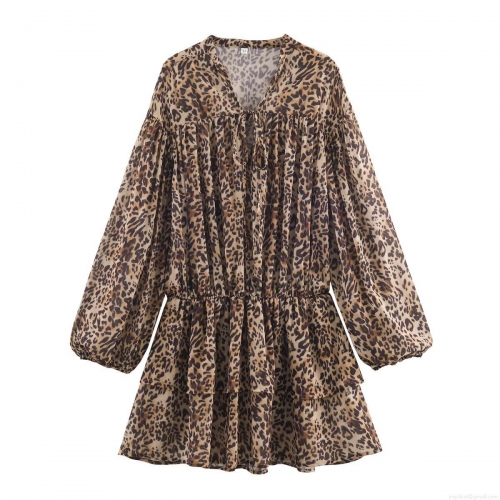 Women's Leopard Print Long Sleeve V-Neck Mini Dress Tiered Ruffle Layered Chiffon Feel Streetwear Casual Party Fashion Dress