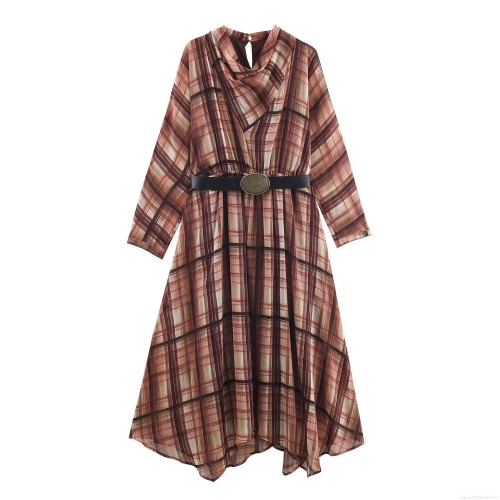 Women's Plaid Long Sleeve Midi Dress With Belt Irregular Hem Polyester Brown Checkered Patchwork Spring Streetwear Casual A-Line Long Dress For Ladies