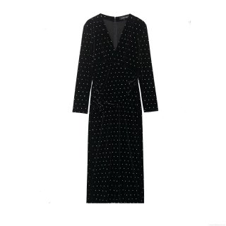 Women's Sexy Deep V Neck Long Sleeve Velvet Maxi Dress With Silver Square Rhinestones Side Slit Elegant Slim Fit A-Line Evening Party Long Dress