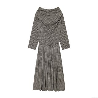 Women's Elegant Houndstooth Long Sleeve Midi Dress With Waist Tie Scarf Collar European Street Style Polyester Spliced Plaid Casual Dress