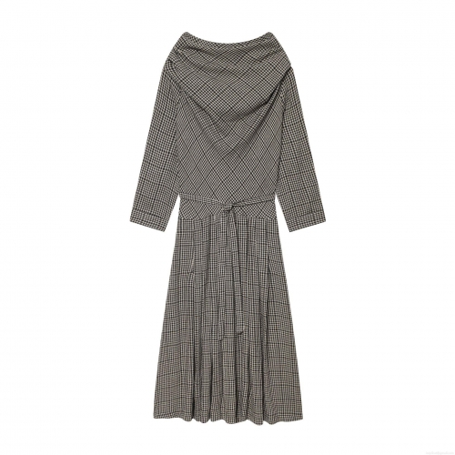 Women's Elegant Houndstooth Long Sleeve Midi Dress With Waist Tie Scarf Collar European Street Style Polyester Spliced Plaid Casual Dress