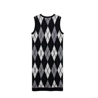 Women Argyle Pattern V Neck Sleeveless Knit Vest Dress Contrast Color Mid-Length Knit Sweater Dress For Autumn Winter Streetwear Casual