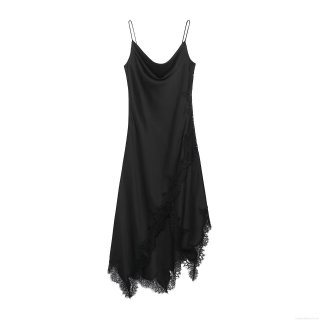 Women's Sexy Black Satin Lace Patchwork Slip Dress Cowl Neck Spaghetti Strap Backless Slim Fit Midi Dress For Party Club Night Out