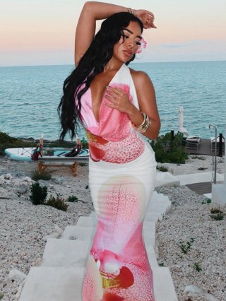 Sexy Halter Backless Maxi Dress For Women Floral Pink Orchid Print Deep V Neck Slim Fit Summer Vacation Beach Long Dress Milk Silk Fabric Sleeveless Evening Party Dress