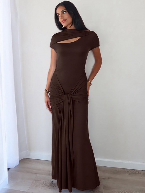 Women's Sexy Hollow Out Slim Fit Maxi Dress 95% Polyester 5% Spandex High Neck Ruched Waist Knot Elegant Short Sleeve Dress for Party Club Night