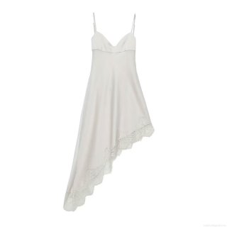 Women's Elegant Lace Trim Satin Cami Dress With Sexy Deep V Neck Asymmetric Irregular Hem Patchwork Midi Dress For Summer Party Clubwear Streetwear