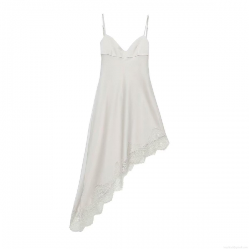 Women's Elegant Lace Trim Satin Cami Dress With Sexy Deep V Neck Asymmetric Irregular Hem Patchwork Midi Dress For Summer Party Clubwear Streetwear