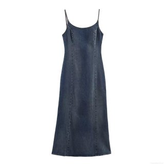 Women's Western Style Washed Backless Cami Denim Dress Slim Fit Patchwork Sleeveless Midi Dress Sea Blue Streetwear Fashion Sling Long Dress