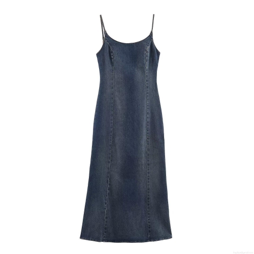 Women's Western Style Washed Backless Cami Denim Dress Slim Fit Patchwork Sleeveless Midi Dress Sea Blue Streetwear Fashion Sling Long Dress