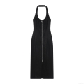 Women's Sexy Halter Backless Maxi Dress Black Coated Denim Polyester Front Zipper Streetwear Bodycon Clubwear Evening Party Dress For Women