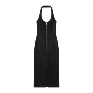 Women's Sexy Halter Backless Maxi Dress Black Coated Denim Polyester Front Zipper Streetwear Bodycon Clubwear Evening Party Dress For Women