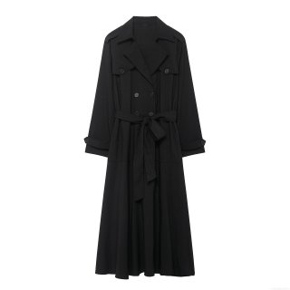 Women's Trench Dress Double Breasted Lapel Long Sleeve Midi Dress With Belt Solid Color Polyester Street Style Casual Lady Outfit