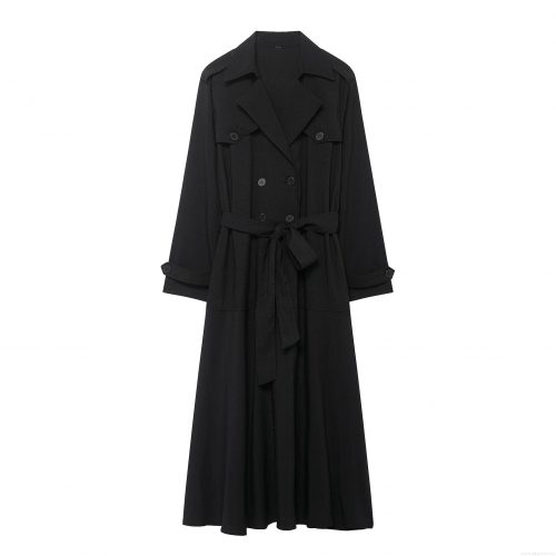 Women's Trench Dress Double Breasted Lapel Long Sleeve Midi Dress With Belt Solid Color Polyester Street Style Casual Lady Outfit