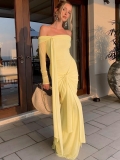 Women Sexy Off Shoulder Maxi Dress Long Sleeve Ruched Mesh Bodycon Elegant Evening Party Club Dress Solid Color Yellow Polyester Spandex Vacation Outfit