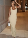 Women Sexy Halter Neck Backless Slit Maxi Dress Elegant Slim Fit Sleeveless Solid Color Polyester Spandex Long Dress for Party Evening Summer Nightclub