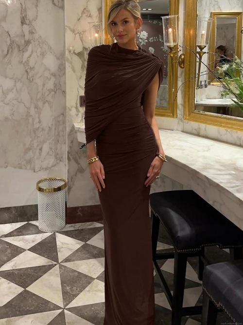 Women's Elegant One Shoulder Asymmetrical Ruched Maxi Dress Sexy Bodycon Polyester Spandex Floor Length Party Evening Gown Dress