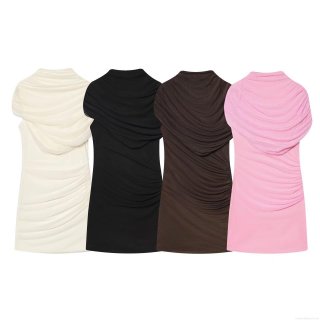 Women's Sexy Sleeveless Mesh Stitching Ruched Mini Dress Stand Collar Slim Fit Bodycon Club Party Dress Summer Spring Solid Color Polyester Mesh Outfit