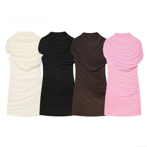 Women's Sexy Sleeveless Mesh Stitching Ruched Mini Dress Stand Collar Slim Fit Bodycon Club Party Dress Summer Spring Solid Color Polyester Mesh Outfit