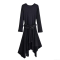 Women's European American Style Long Sleeve Round Neck Polyester Midi Dress With Riveted Belt Asymmetric Hem For Spring Autumn Casual Party Streetwear Fashion