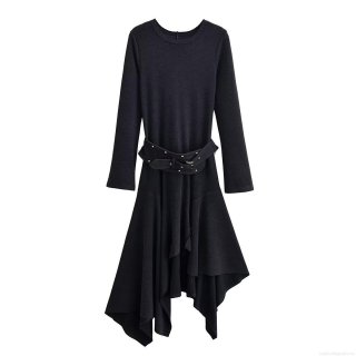 Women's European American Style Long Sleeve Round Neck Polyester Midi Dress With Riveted Belt Asymmetric Hem For Spring Autumn Casual Party Streetwear Fashion