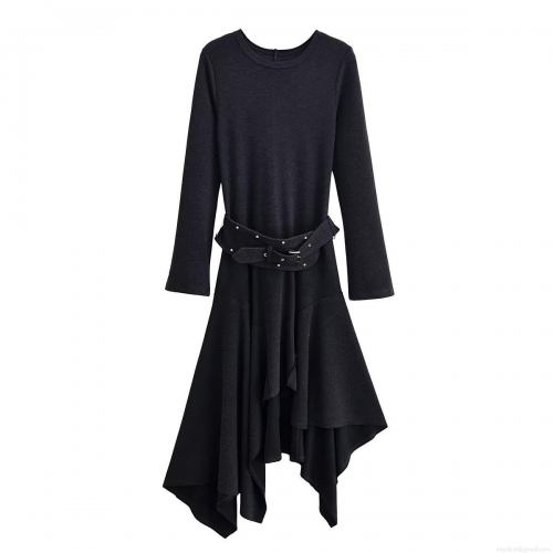 Women's European American Style Long Sleeve Round Neck Polyester Midi Dress With Riveted Belt Asymmetric Hem For Spring Autumn Casual Party Streetwear Fashion