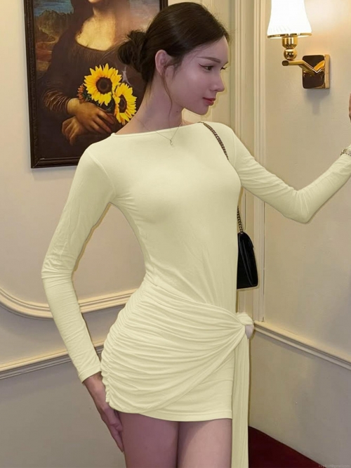 French Style Sexy Bodycon Mini Dress For Women Ruched Drawstring Round Neck Long Sleeve Polyester Spandex Solid Color Tight Dress For Autumn Party Clubwear