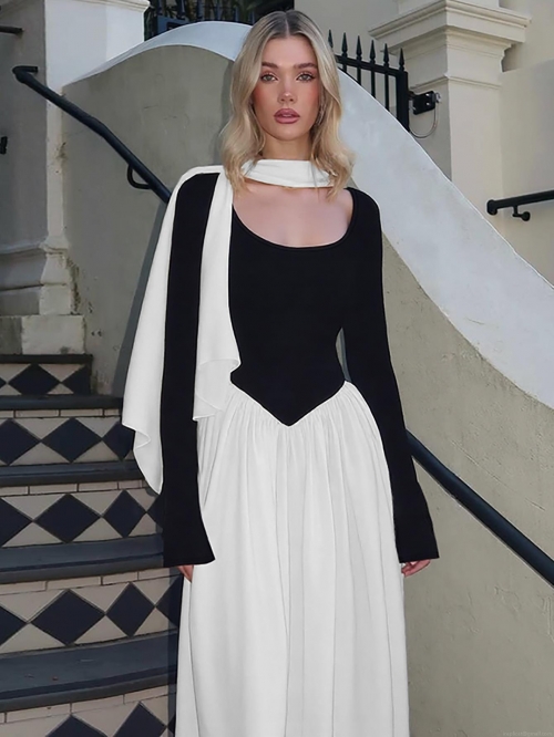 Elegant Women Off Shoulder Long Sleeve Color Block Patchwork Maxi Dress Slim Fit High Waist Party Socialite Long Dress With Scarf Accessory