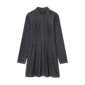Women's Denim Mini Dress Stand Collar Long Sleeve Slim Fit Polyester Denim Fabric Contrast Stitching Back Zipper Casual Streetwear Short Dress