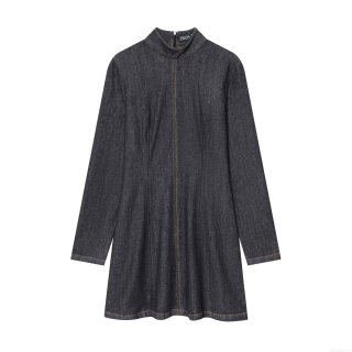 Women's Denim Mini Dress Stand Collar Long Sleeve Slim Fit Polyester Denim Fabric Contrast Stitching Back Zipper Casual Streetwear Short Dress