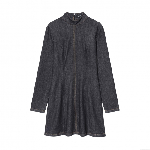 Women's Denim Mini Dress Stand Collar Long Sleeve Slim Fit Polyester Denim Fabric Contrast Stitching Back Zipper Casual Streetwear Short Dress
