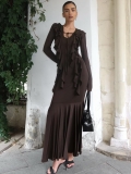 Elegant Solid Color Long Sleeve Ruffle Mermaid Maxi Dress With V-Neck Tie Polyester Spandex Slim Fit Bodycon Evening Party Long Dress For Women