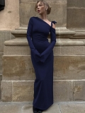 Women's Navy Blue Off-Shoulder Bow Long Sleeve Maxi Dress Sexy High Slit Slim Fit Bodycon Evening Party Gown Polyester Spandex For Lady