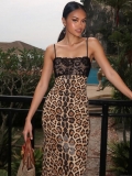 Women Sexy Leopard Print Sequin Midi Dress Black Lace Splicing Spaghetti Strap Bodycon Slit Cami Dress For Party Club Night Out Evening Vacation