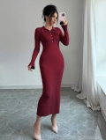 Elegant Women's Knit Bodycon Dress Long Sleeve Polo Collar Button Down Ribbed Texture Flared Cuffs Slim Fit Midi Fishtail Dress for Dating Party Wedding