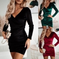 Elegant V Neck Long Sleeve Velvet Dress For Women Sexy Ruched Bodycon Mini Wrap Dress For Party Evening Cocktail Solid Color Polyester Gown